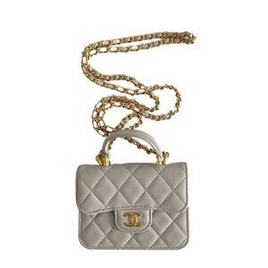 Chanel Lambskin Quilted Top Handle Flap Coin Purse With Chain Grey